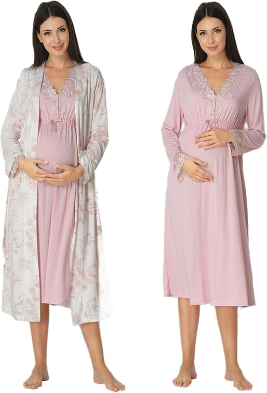 Kadın Pudra Sabahlıklı Hamile Lohusa Gecelik Takım, S, EF8095EF-86D0018318288