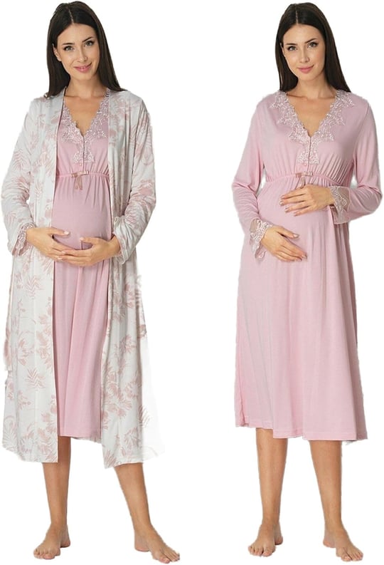 Kadın Pudra Sabahlıklı Hamile Lohusa Gecelik Takım, XL, EF8095EF-89C0018315032