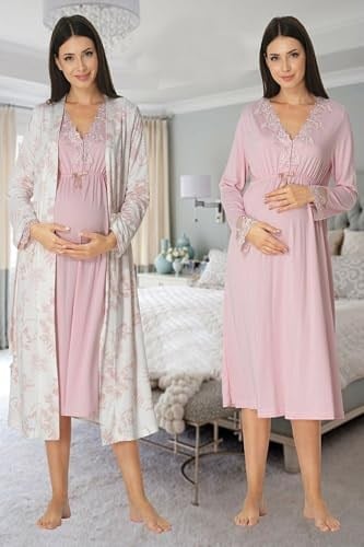 Kadın Pudra Sabahlıklı Hamile Lohusa Gecelik Takım, M, EF8095EF-89C0018315039