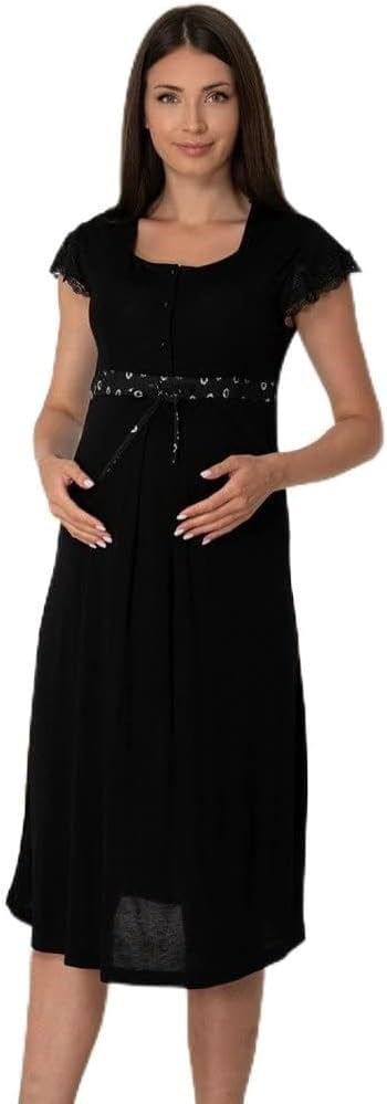 Kadın Siyah Hamile Lohusa Kısa Kollu Gecelik (Siyah / 2XL)
