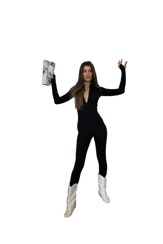 Kadın Siyah Yarım Balıkçı Fermuarlı Spor Stil Body Tulum-1