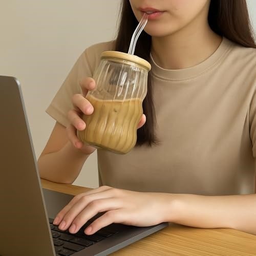 Kahve Bardağı Isıya Dayanıklı Ice Latte Cam Pipetli Bardak Kahve Kokteyl Cam Sunum Bardağı Meşrubat Kapaklı Bardak 400ml (tek, adet, 2)