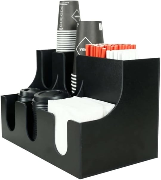 Kahve Köşesi Düzenleyici, Siyah, Bardak ve Kapak Tutucu, Peçete ve Pipet Bölmeli, Masa Üstü Organizer