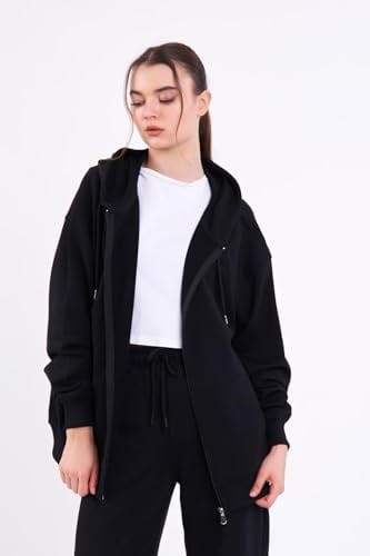 Kanguru Cepli Kapüşonlu Fermuarlı Oversize Kadın Sweatshirt