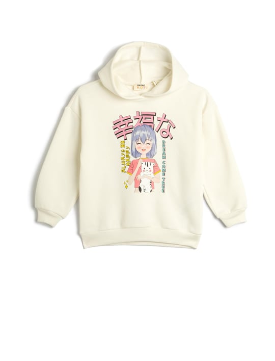 Kapşonlu Sweatshirt Anime Baskılı Uzun Kollu Şardonlu