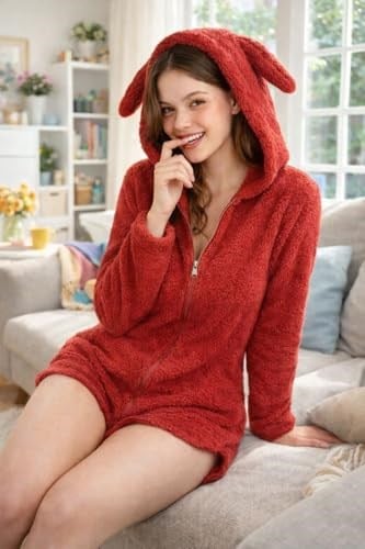 Kapüşonlu Kulaklı Peluş Şort Tulum – Yumuşak, Sıcak ve Konforlu Ev Giyimi- Fermuarlı - Bedenler: S, M, L, XX-Large, XL