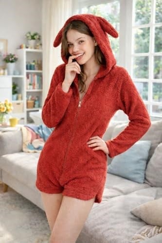 Kapüşonlu Kulaklı Peluş Şort Tulum – Yumuşak, Sıcak ve Konforlu Ev Giyimi- Fermuarlı - Bedenler: S, M, L, XX-Large, XL