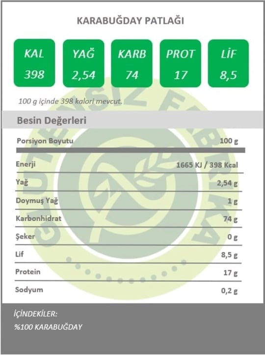 Karabuğday Patlağı Sade 1 Paket Glutensiz Vegan Sade 100 Gram
