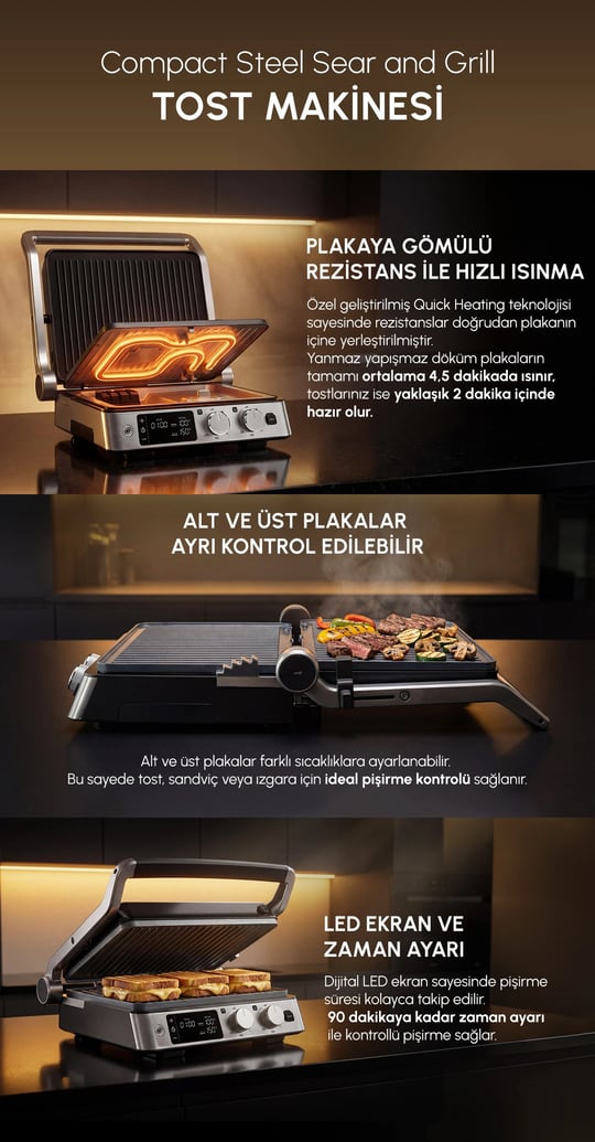 Karaca Compact Steel Sear and Grill Inox 2008 Döküm Izgara ve Tost Makinesi 6 Dilim Kapasiteli