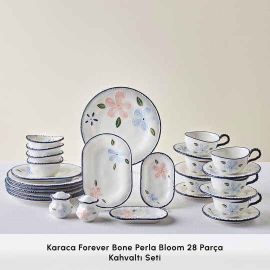 Karaca Forever Bone Perla Bloom 28 Parça 6 Kişilik Kahvaltı Takımı Lacivert
