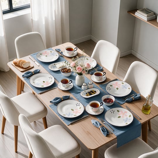 Karaca Forever Bone Perla Bloom 28 Parça 6 Kişilik Kahvaltı Takımı Lacivert