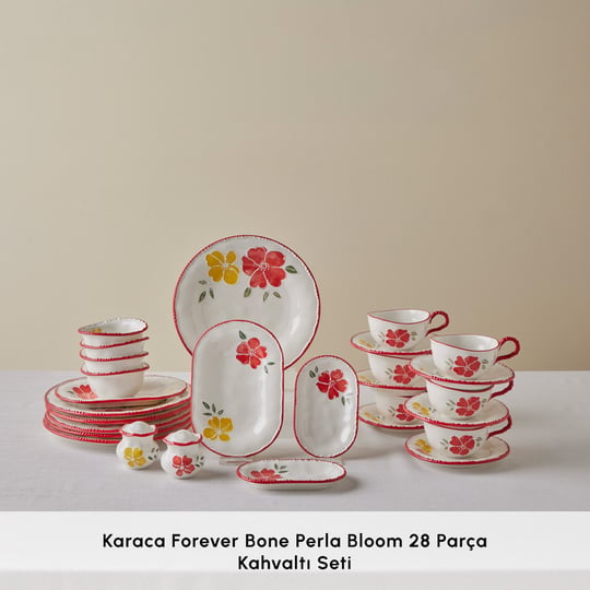 Karaca Forever Bone Perla Bloom 28 Parça 6 Kişilik Kahvaltı Takımı Kırmızı