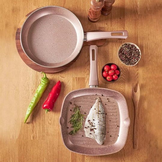 KARACA Gris BioGranit Yapışmaz Tava Seti, 2 Parça, Pembe Altın, Sağlıklı Yapışmaz Kaplama, Çiziklere Karşı 7 Kat Daha Dayanıklı, Izgara ve Kızartma Tavası Seti, Kullanışlı, Temizlemesi Kolay