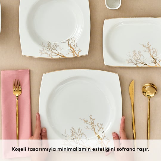 Karaca Square Bone Autumn 60 Parça 12 Kişilik Yemek Takımı Gold