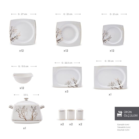 Karaca Square Bone Autumn 60 Parça 12 Kişilik Yemek Takımı Gold