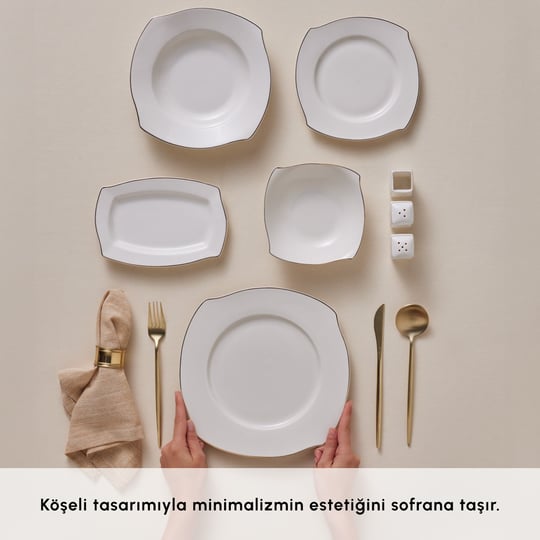 Karaca Square Bone Beyaz Altın 53 Parça 12 Kişilik Yemek Takımı