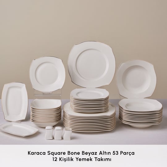 Karaca Square Bone Beyaz Altın 53 Parça 12 Kişilik Yemek Takımı