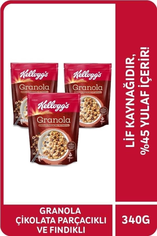Kelloggs Çikolata Parçacıklı&Fındıklı Granola 340 Gr x 3 Adet,%44 Yulaf içerir,Lif Kaynağı