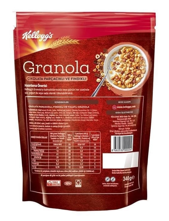 Kelloggs Çikolata Parçacıklı&Fındıklı Granola 340 Gr x 3 Adet,%44 Yulaf içerir,Lif Kaynağı