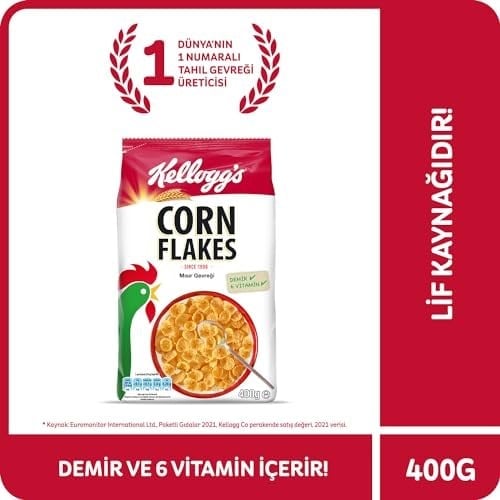 Kelloggs Corn Flakes Çıtır Altın Renginde Kahvaltılık Mısır Gevreği 400 Gr,Lif Kaynağı,Demir ve 6 Vitamin içerir,Folik Asit içerir