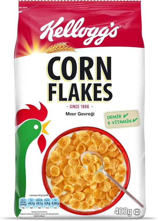 Kelloggs Corn Flakes Çıtır Altın Renginde Kahvaltılık Mısır Gevreği 400 Gr,Lif Kaynağı,Demir ve 6 Vitamin içerir,Folik Asit içerir