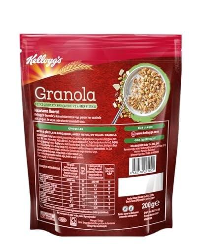 Kelloggs Granola Beyaz Çikolata Parçacıklı ve Antep Fıstıklı 200 Gr,%46 Yulaf içerir,Lif Kaynağı,Kahvaltılık Gevrek,Müsli