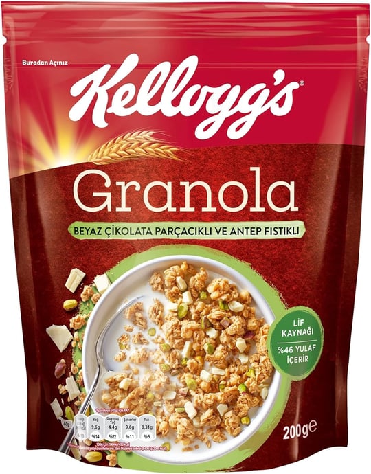 Kelloggs Granola Beyaz Çikolata Parçacıklı ve Antep Fıstıklı 200 Gr,%46 Yulaf içerir,Lif Kaynağı,Kahvaltılık Gevrek,Müsli
