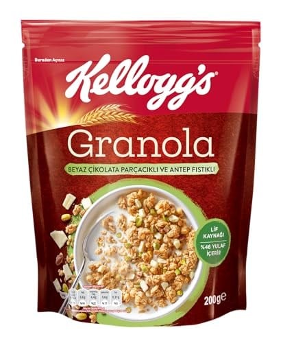 Kelloggs Granola Beyaz Çikolata Parçacıklı ve Antep Fıstıklı 200 Gr,%46 Yulaf içerir,Lif Kaynağı,Kahvaltılık Gevrek,Müsli