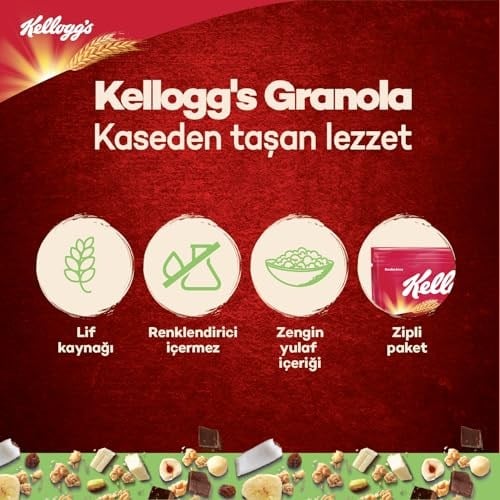 Kelloggs Granola Beyaz Çikolatali & Antep Fıstikli 300 Gr,%46 Yulaf içerir,Lif Kaynağı,Antioksidan içerir,Kahvaltılık Gevrek,Müsli