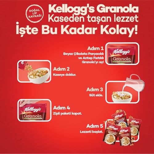 Kelloggs Granola Beyaz Çikolatali & Antep Fıstikli 300 Gr,%46 Yulaf içerir,Lif Kaynağı,Antioksidan içerir,Kahvaltılık Gevrek,Müsli