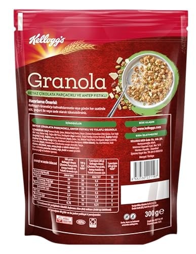 Kelloggs Granola Beyaz Çikolatali & Antep Fıstikli 300 Gr,%46 Yulaf içerir,Lif Kaynağı,Antioksidan içerir,Kahvaltılık Gevrek,Müsli