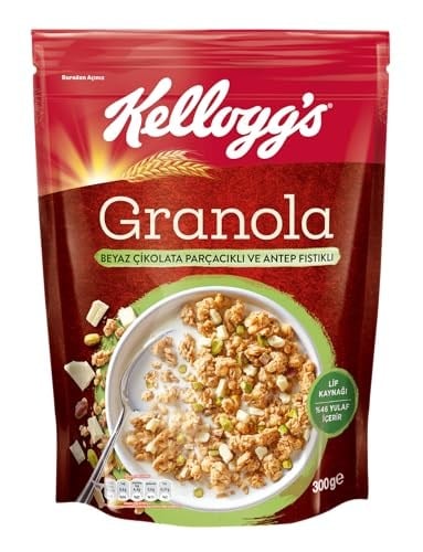 Kelloggs Granola Beyaz Çikolatali & Antep Fıstikli 300 Gr,%46 Yulaf içerir,Lif Kaynağı,Antioksidan içerir,Kahvaltılık Gevrek,Müsli