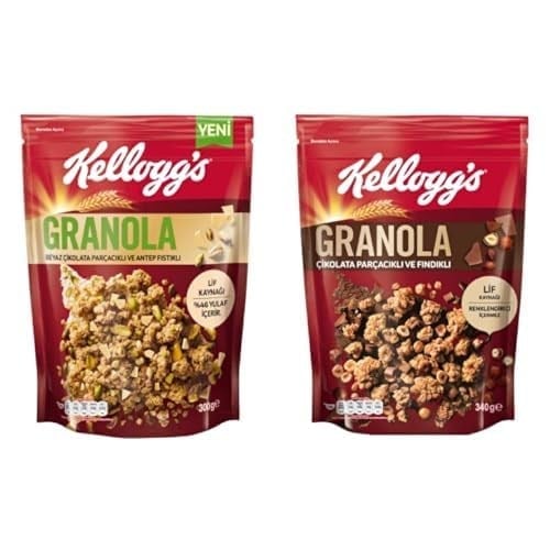 Kelloggs Granola Beyaz Çikolatali Antep Fıstikli 300 Gr & Granola Çikolata Parçacıklı ve Fındıklı 340 Gr