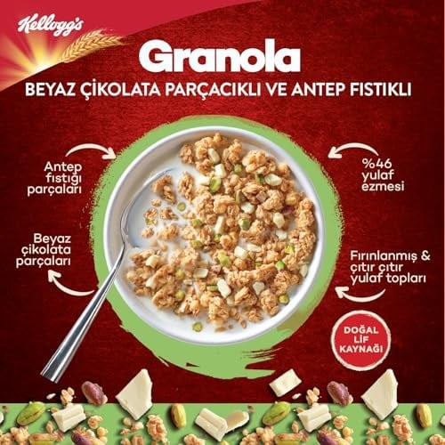Kelloggs Granola Beyaz Çikolatali & Antep Fıstikli 300 Gr,%46 Yulaf içerir,Lif Kaynağı,Antioksidan içerir,Kahvaltılık Gevrek,Müsli