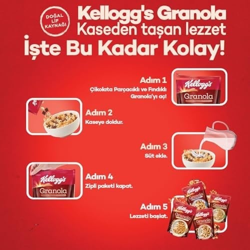 Kelloggs Granola Çikolata Parçacıklı ve Fındıklı 340 Gr,%44 Yulaf içerir,Lif Kaynağı,%11 Belçika Çikolata Parçaları,Antioksidan içerir,Kahvaltılık Gevrek,Müsli