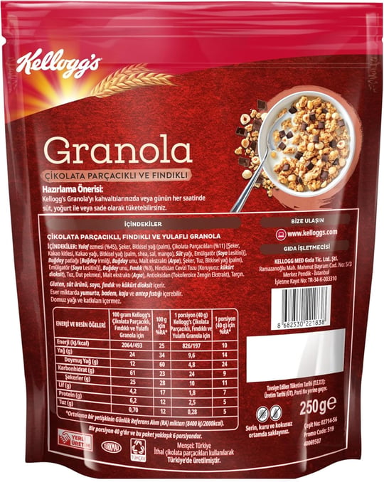 Kelloggs Granola Çikolata Parçacıklı ve Fındıklı 250 Gr,%45 Yulaf içerir,Lif Kaynağı, Belçika Çikolata Parçaları,Antioksidan içerir,Kahvaltılık Gevrek,Müsli