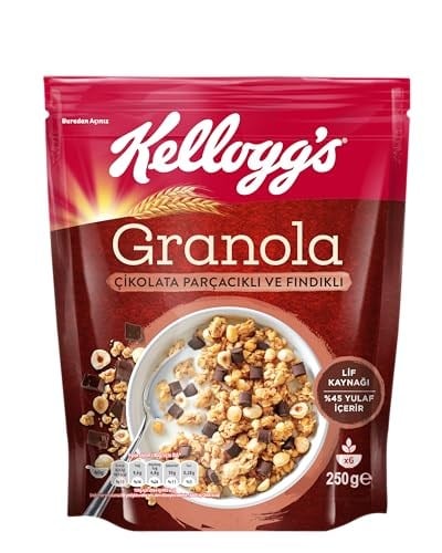 Kelloggs Granola Çikolata Parçacıklı ve Fındıklı 250 Gr,%45 Yulaf içerir,Lif Kaynağı, Belçika Çikolata Parçaları,Antioksidan içerir,Kahvaltılık Gevrek,Müsli