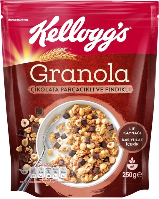 Kelloggs Granola Çikolata Parçacıklı ve Fındıklı 250 Gr,%45 Yulaf içerir,Lif Kaynağı, Belçika Çikolata Parçaları,Antioksidan içerir,Kahvaltılık Gevrek,Müsli