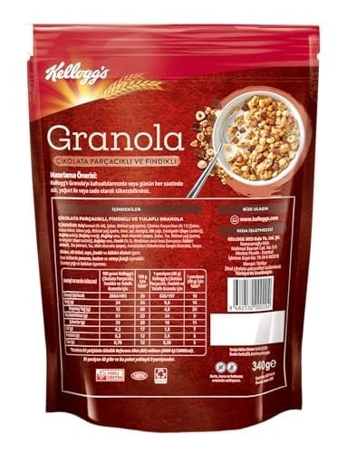 Kelloggs Granola Çikolata Parçacıklı ve Fındıklı 340 Gr,%44 Yulaf içerir,Lif Kaynağı,%11 Belçika Çikolata Parçaları,Antioksidan içerir,Kahvaltılık Gevrek,Müsli