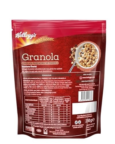 Kelloggs Granola Çikolata Parçacıklı ve Fındıklı 250 Gr,%45 Yulaf içerir,Lif Kaynağı, Belçika Çikolata Parçaları,Antioksidan içerir,Kahvaltılık Gevrek,Müsli