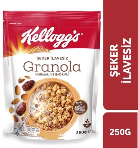 Kelloggs İlave Şekersiz Granola Hurmalı ve Bademli 250 G,%43 Yulaf içerir,Lif Kaynağı,%10 Hurma içerir