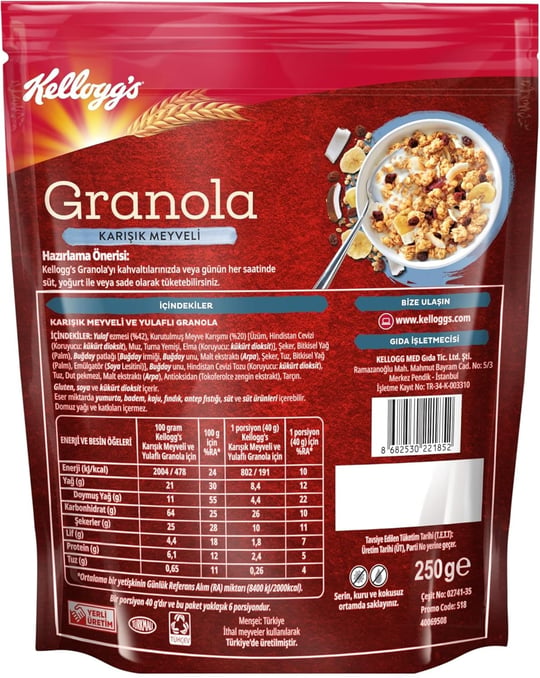Kelloggs Karışık Meyveli Granola 250 Gr,%42 Yulaf içerir,Lif Kaynağı,%20 Kurutulmuş Meyve