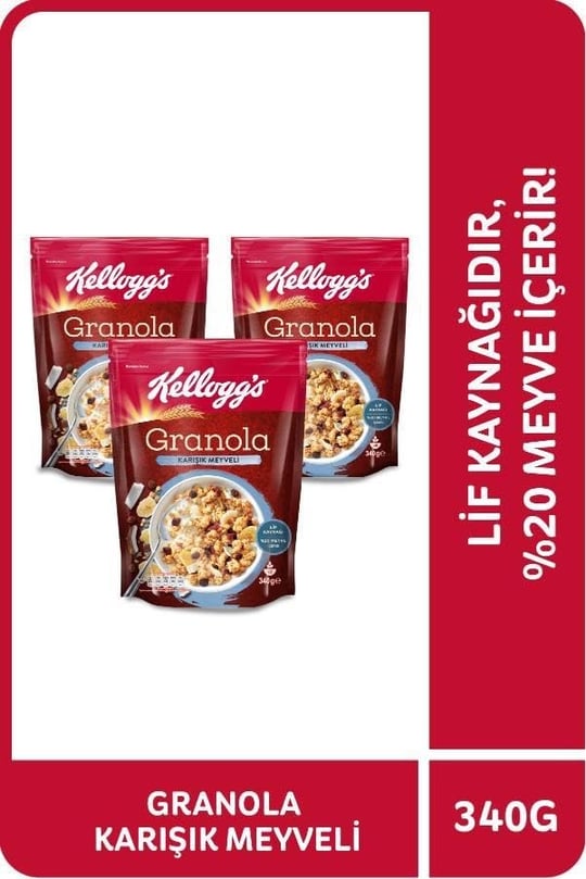 Kelloggs Karışık Meyveli Granola 340 Gr x3 Adet,%45 Yulaf içerir,Lif Kaynağı,%20 Kurutulmuş Meyve