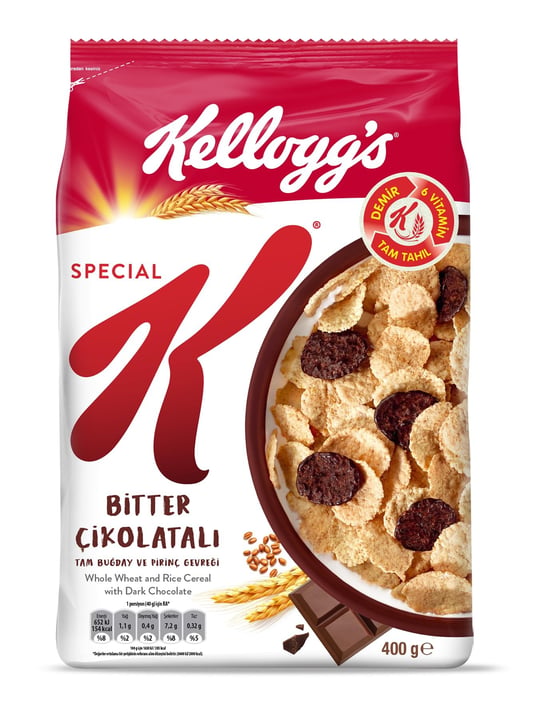 Kelloggs Special K Bitter Çikolatalı Kahvaltılık Tam Buğday ve Pirinç Gevreği 400 Gr,Tam Tahıllı,Lif Kaynağı,Demir ve 6 Vitamin Kaynağı,Folik Asit ve Minarel içerir,En Az %42 Kakao Kitlesi içerir