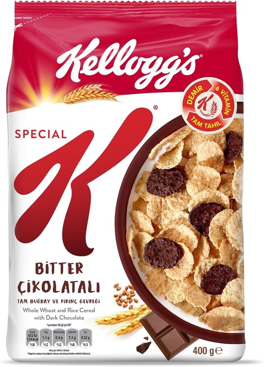Kelloggs Special K Bitter Çikolatalı Kahvaltılık Tam Buğday ve Pirinç Gevreği 400 Gr,Tam Tahıllı,Lif Kaynağı,Demir ve 6 Vitamin Kaynağı,Folik Asit ve Minarel içerir,En Az %42 Kakao Kitlesi içerir