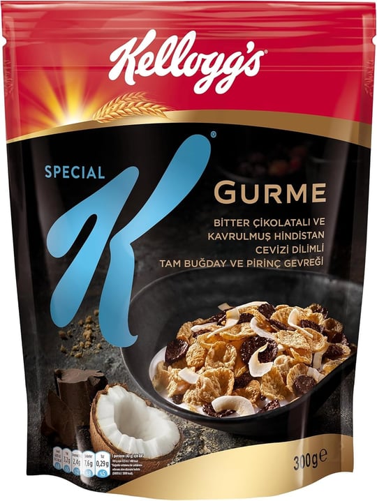 Kelloggs Special K Gurme Kavrulmuş Hindistan Cevizi Dilimi ve Bitter Çikolata Parçalı Kahvaltılık Tam Buğday ve Pirinç Gevreği 300 Gr,Tam Tahıllı,Lif Kaynağı,En Az %42 Kakao Kitlesi içerir