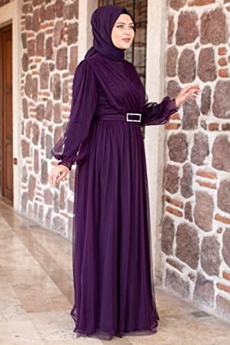 Kemer Detaylı Tül Abiye Elbise Mor MFA00777 MOR 40