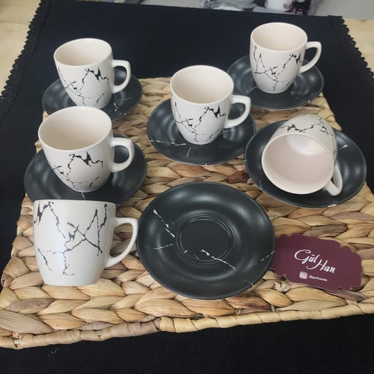 Keramika Kahve Fincan Takımı 12 Parça 6 Kişilik Mermer Desen Mat Siyah Krem Stoneware