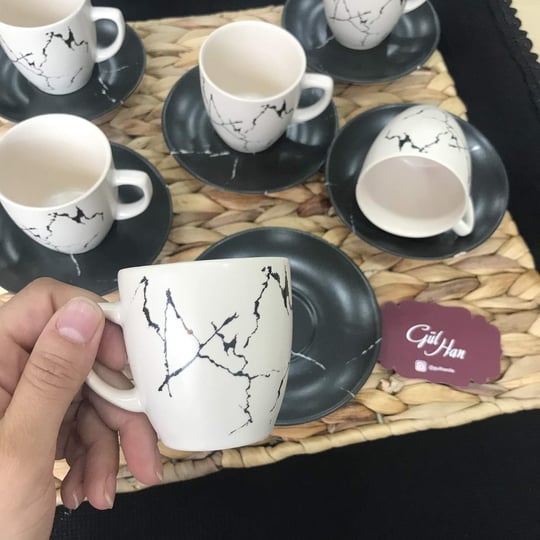 Keramika Kahve Fincan Takımı 12 Parça 6 Kişilik Mermer Desen Mat Siyah Krem Stoneware