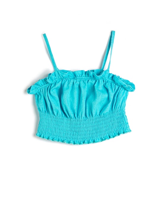 Keten Crop Bluz Askılı Fırfırlı Gipe Detaylı